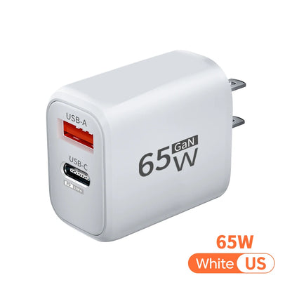 PD 65W GaN 2 In 1 EU/US Plug USB Charger Dual Ports USB Type C Fast Charging Wall Charger Portable Quick Charging Power Adapter