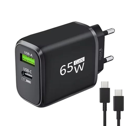PD 65W GaN 2 In 1 EU/US Plug USB Charger Dual Ports USB Type C Fast Charging Wall Charger Portable Quick Charging Power Adapter