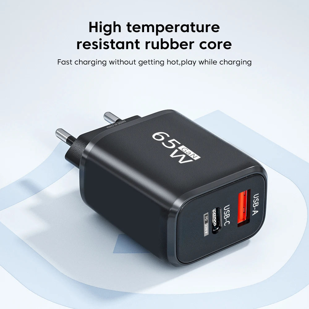PD 65W GaN 2 In 1 EU/US Plug USB Charger Dual Ports USB Type C Fast Charging Wall Charger Portable Quick Charging Power Adapter