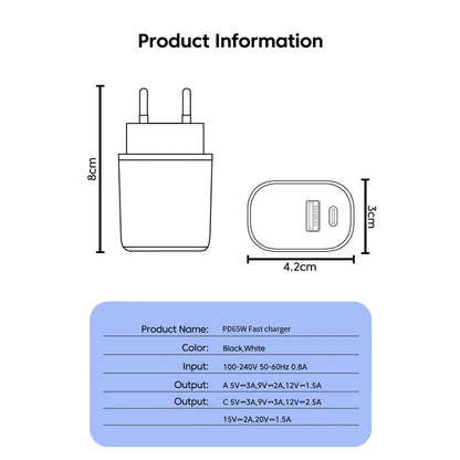 PD 65W GaN 2 In 1 EU/US Plug USB Charger Dual Ports USB Type C Fast Charging Wall Charger Portable Quick Charging Power Adapter