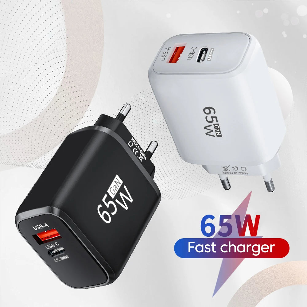PD 65W GaN 2 In 1 EU/US Plug USB Charger Dual Ports USB Type C Fast Charging Wall Charger Portable Quick Charging Power Adapter