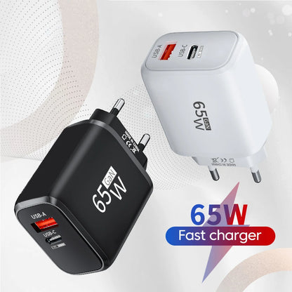 PD 65W GaN 2 In 1 EU/US Plug USB Charger Dual Ports USB Type C Fast Charging Wall Charger Portable Quick Charging Power Adapter