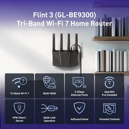 GL.iNet GL-BE9300 Flint 3 Tri-Band WiFi 7 Router High Speed Gaming Long Range 5x 2.5G VPN Compatible with Fiber Optic Modem