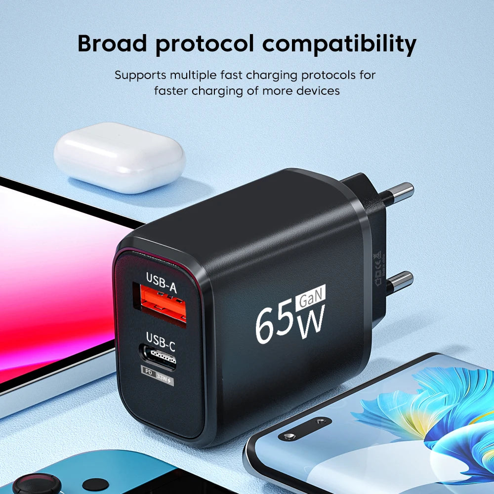 PD 65W GaN 2 In 1 EU/US Plug USB Charger Dual Ports USB Type C Fast Charging Wall Charger Portable Quick Charging Power Adapter