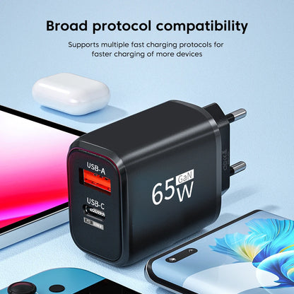 PD 65W GaN 2 In 1 EU/US Plug USB Charger Dual Ports USB Type C Fast Charging Wall Charger Portable Quick Charging Power Adapter