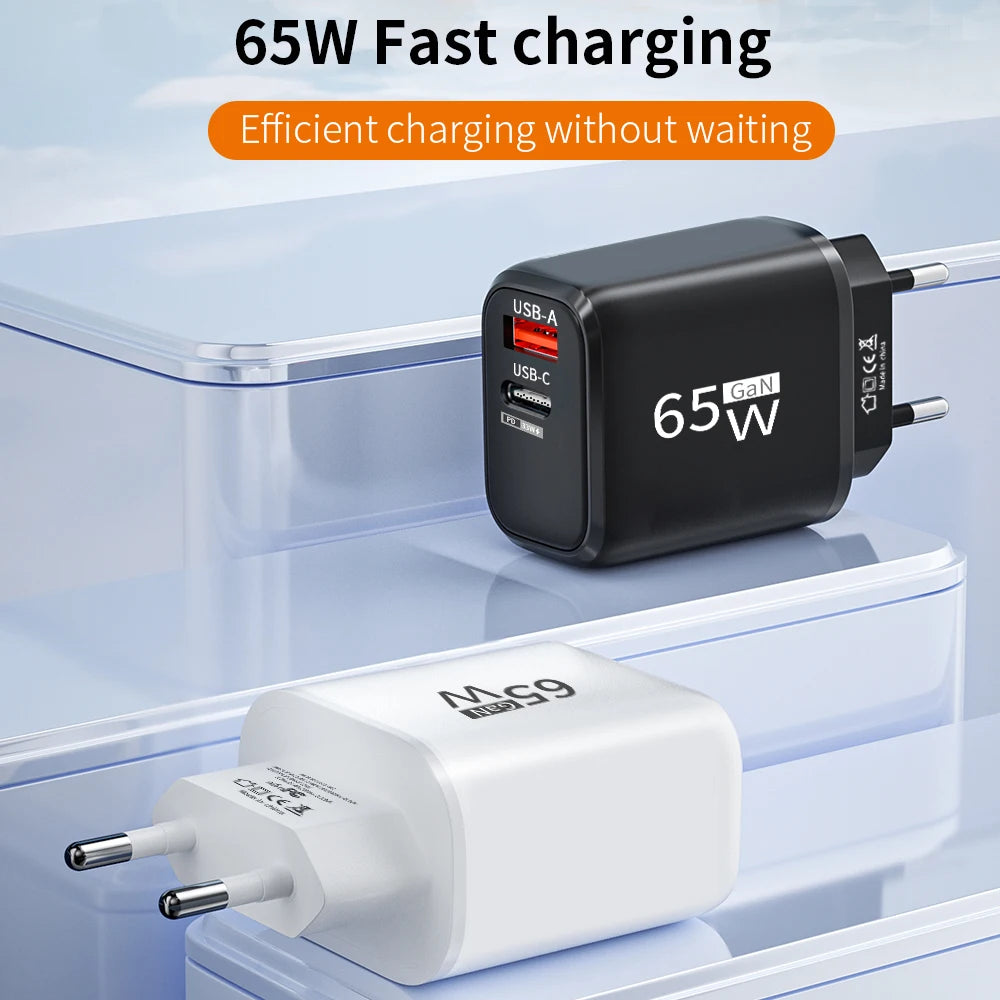 PD 65W GaN 2 In 1 EU/US Plug USB Charger Dual Ports USB Type C Fast Charging Wall Charger Portable Quick Charging Power Adapter