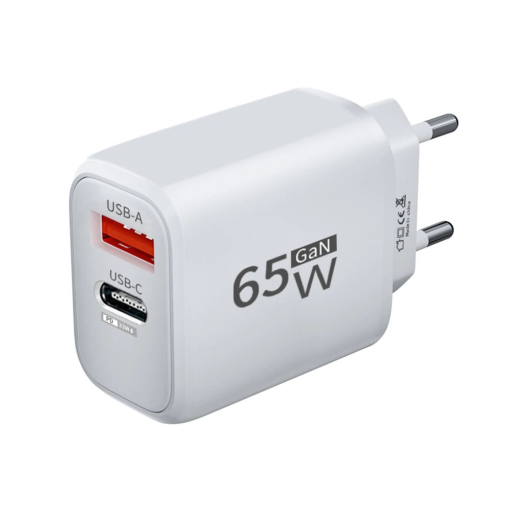 PD 65W GaN 2 In 1 EU/US Plug USB Charger Dual Ports USB Type C Fast Charging Wall Charger Portable Quick Charging Power Adapter