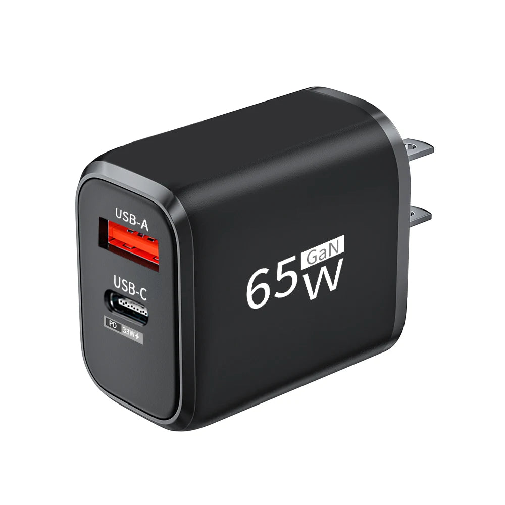 PD 65W GaN 2 In 1 EU/US Plug USB Charger Dual Ports USB Type C Fast Charging Wall Charger Portable Quick Charging Power Adapter