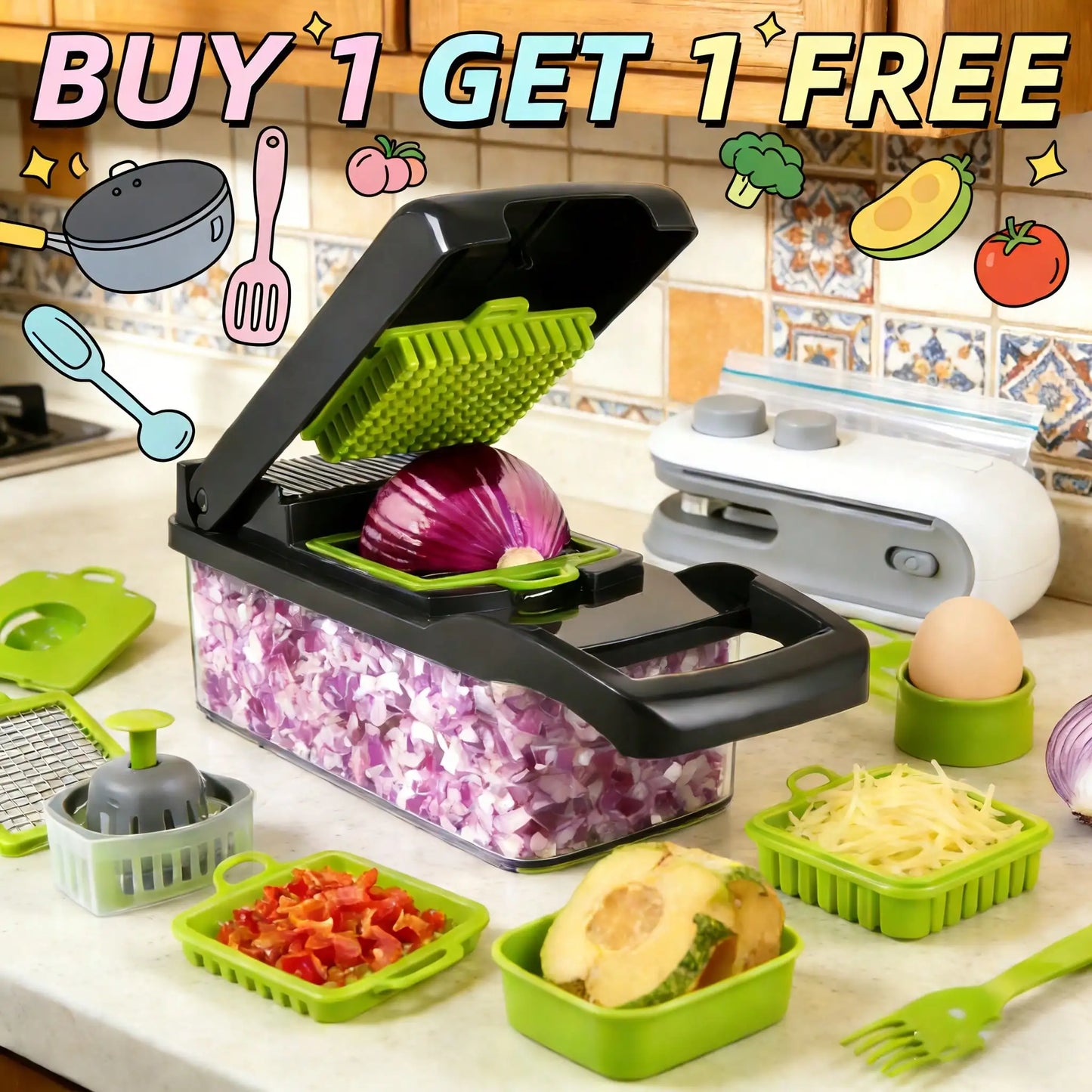 [Vegetable Slicer] 16-In-1 Vegetable Chopper, Professional Onion Chopper, Multi-Functional Food Chopper, Kitchen Vegetable Slicer And Dicer, Vegetable Chopper With 8 Blades, Carrot Chopper With Container Father Gift