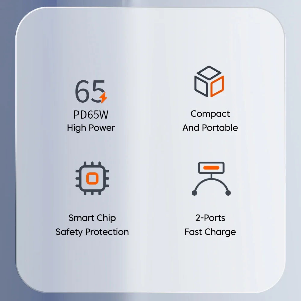 PD 65W GaN 2 In 1 EU/US Plug USB Charger Dual Ports USB Type C Fast Charging Wall Charger Portable Quick Charging Power Adapter