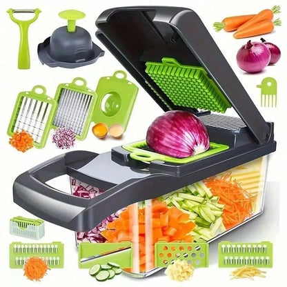 [Vegetable Slicer] 16-In-1 Vegetable Chopper, Professional Onion Chopper, Multi-Functional Food Chopper, Kitchen Vegetable Slicer And Dicer, Vegetable Chopper With 8 Blades, Carrot Chopper With Container Father Gift