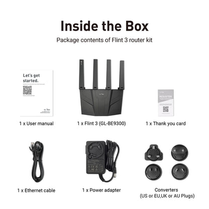 GL.iNet GL-BE9300 Flint 3 Tri-Band WiFi 7 Router High Speed Gaming Long Range 5x 2.5G VPN Compatible with Fiber Optic Modem