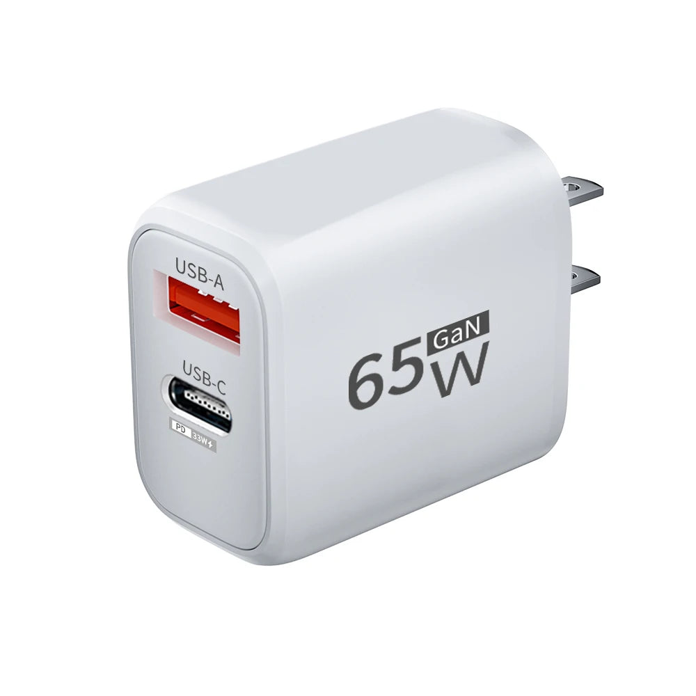 PD 65W GaN 2 In 1 EU/US Plug USB Charger Dual Ports USB Type C Fast Charging Wall Charger Portable Quick Charging Power Adapter