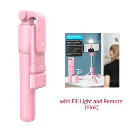 Portable Bluetooth Selfie Stick Tripod Holder with Remote Shutter Fill Light Extendable Wireless Remote Retractable Phone Stand