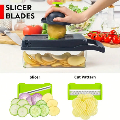 [Vegetable Slicer] 16-In-1 Vegetable Chopper, Professional Onion Chopper, Multi-Functional Food Chopper, Kitchen Vegetable Slicer And Dicer, Vegetable Chopper With 8 Blades, Carrot Chopper With Container Father Gift
