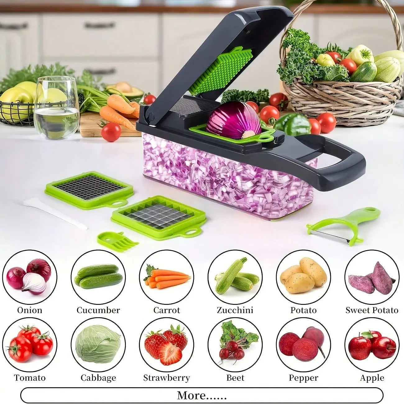 [Vegetable Slicer] 16-In-1 Vegetable Chopper, Professional Onion Chopper, Multi-Functional Food Chopper, Kitchen Vegetable Slicer And Dicer, Vegetable Chopper With 8 Blades, Carrot Chopper With Container Father Gift